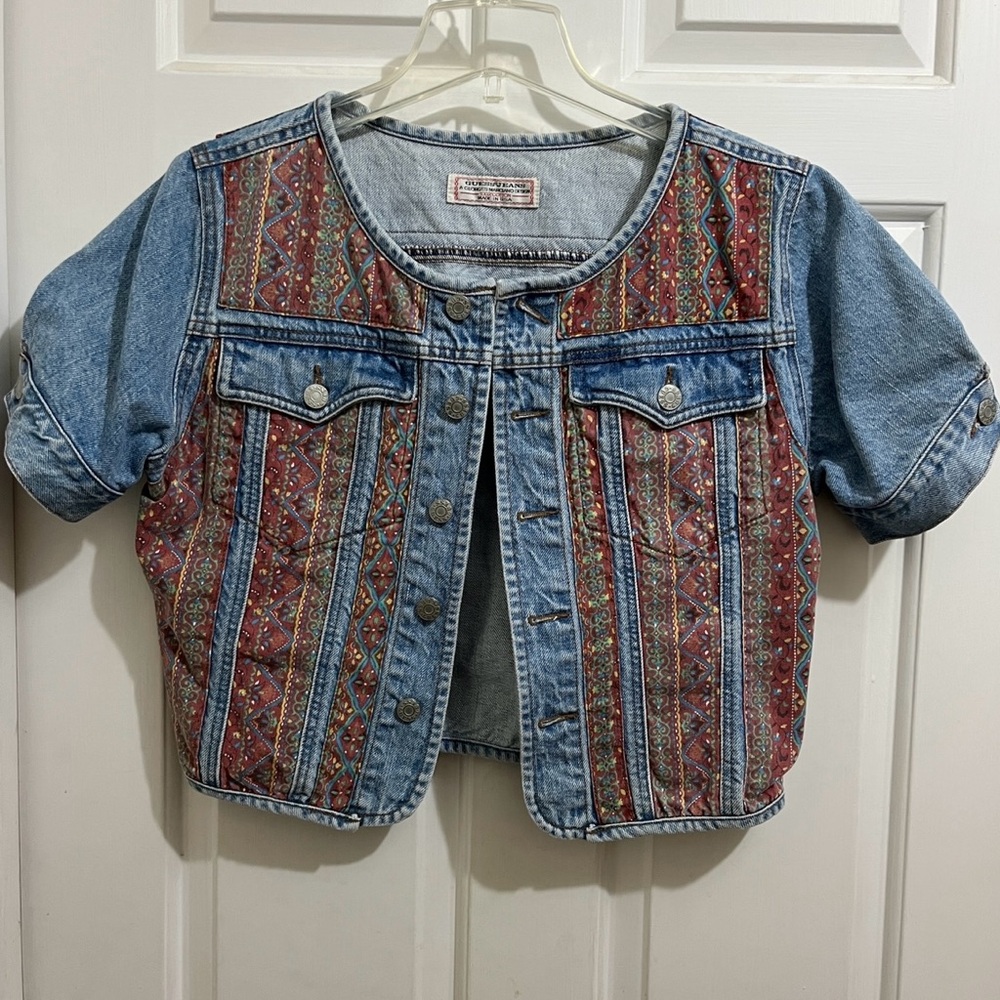 Guess by Marciano Light Blue Denim Short-Sleeve Jacket with Red Patterned Panels